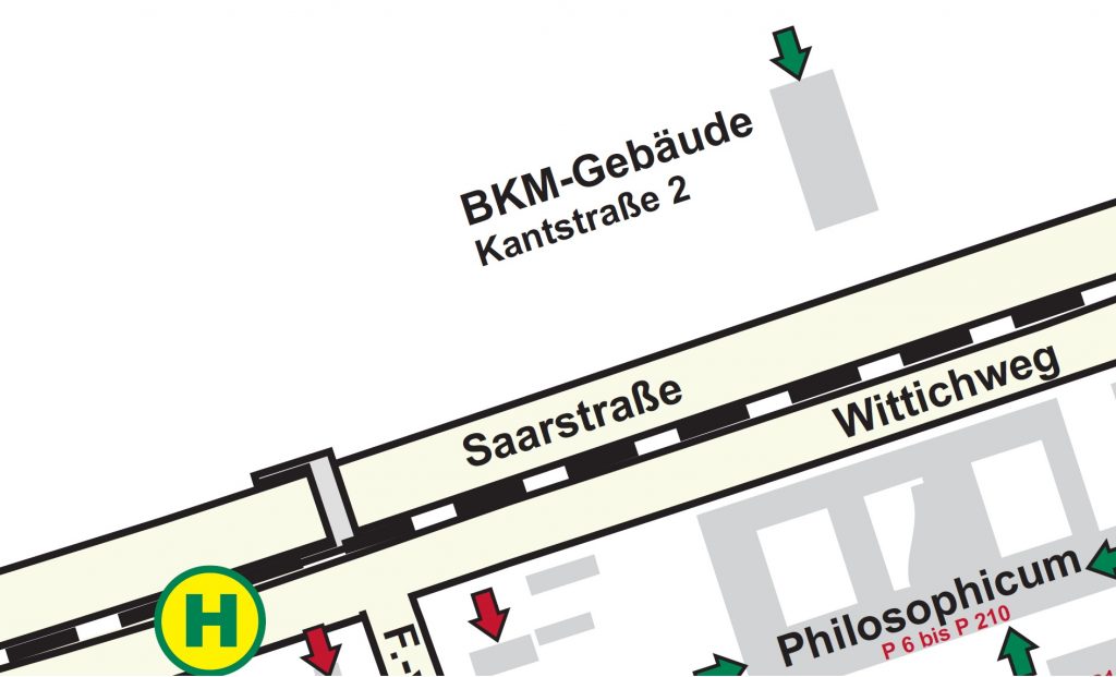 Enlarged image section of the campus map indicating the wheelchair accessible entrances to the building. Linked picture PDF is not accessible.