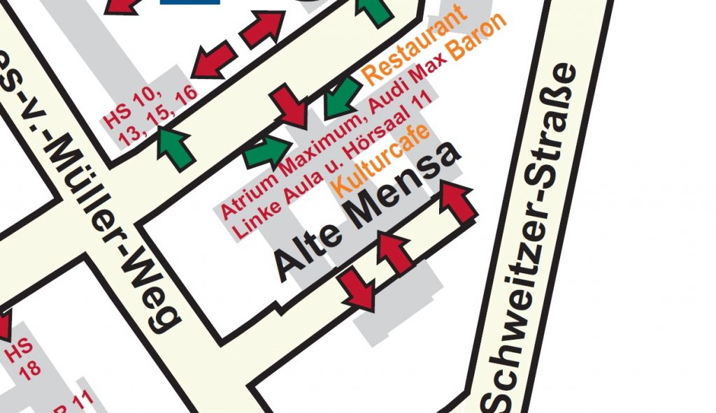 Enlarged image section of the campus map indicating the wheelchair accessible entrances to the building. Linked picture PDF is not accessible.