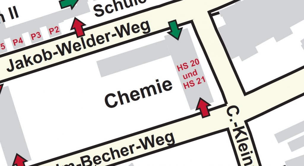 Enlarged image section of the campus map indicating the wheelchair accessible entrances to the building. Linked picture PDF is not accessible.