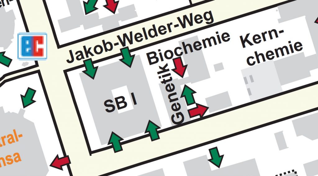 Enlarged image section of the campus map indicating the wheelchair accessible entrances to the building. Linked picture PDF is not accessible.