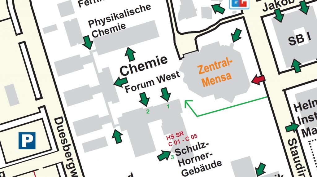 Enlarged image section of the campus map indicating the wheelchair accessible entrances to the building. Linked picture PDF is not accessible.