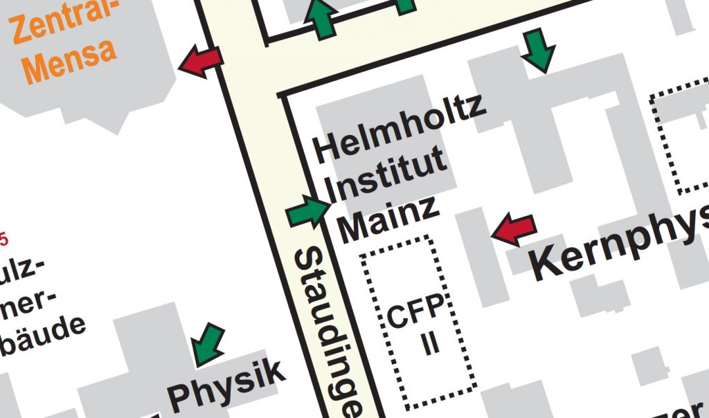 Enlarged image section of the campus map indicating the wheelchair accessible entrances to the building. Linked picture PDF is not accessible.