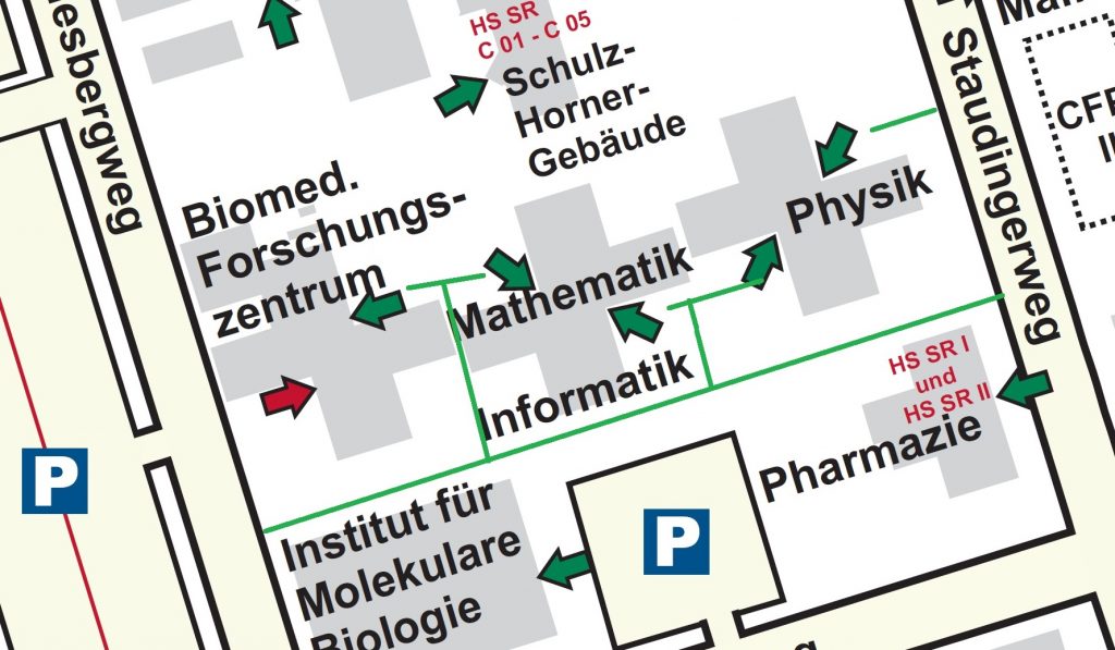 Enlarged image section of the campus map indicating the wheelchair accessible entrances to the building. Linked picture PDF is not accessible.