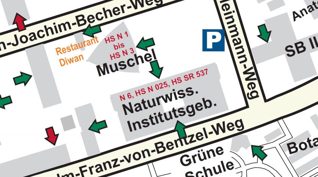 Enlarged image section of the campus map indicating the wheelchair accessible entrances to the building. Linked picture PDF is not accessible.