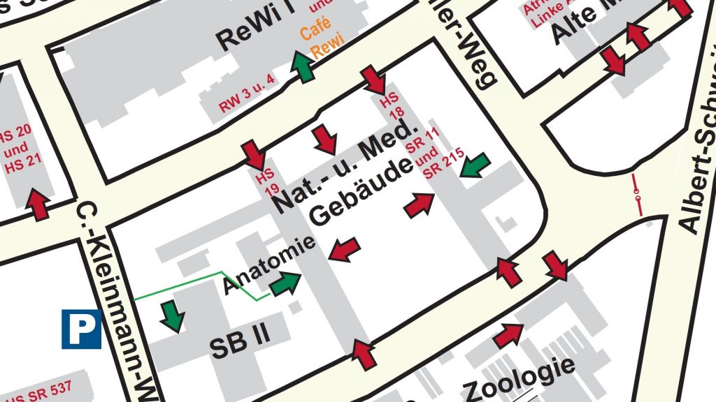 Enlarged image section of the campus map indicating the wheelchair accessible entrances to the building. Linked picture PDF is not accessible.