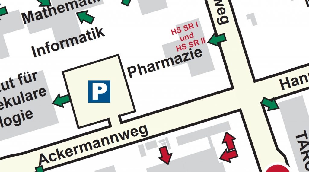 Enlarged image section of the campus map indicating the wheelchair accessible entrances to the building. Linked picture PDF is not accessible.