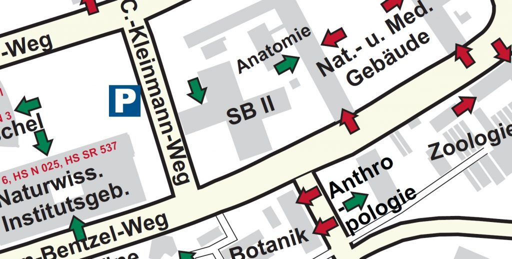 Enlarged image section of the campus map indicating the wheelchair accessible entrances to the building. Linked picture PDF is not accessible.