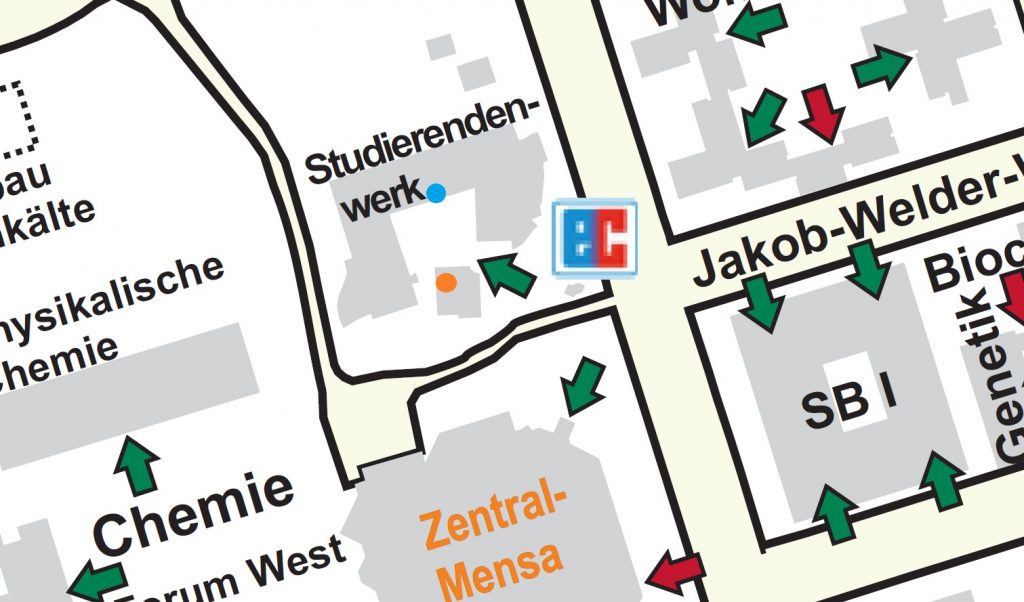 Enlarged image section of the campus map indicating the wheelchair accessible entrances to the building. Linked picture PDF is not accessible.