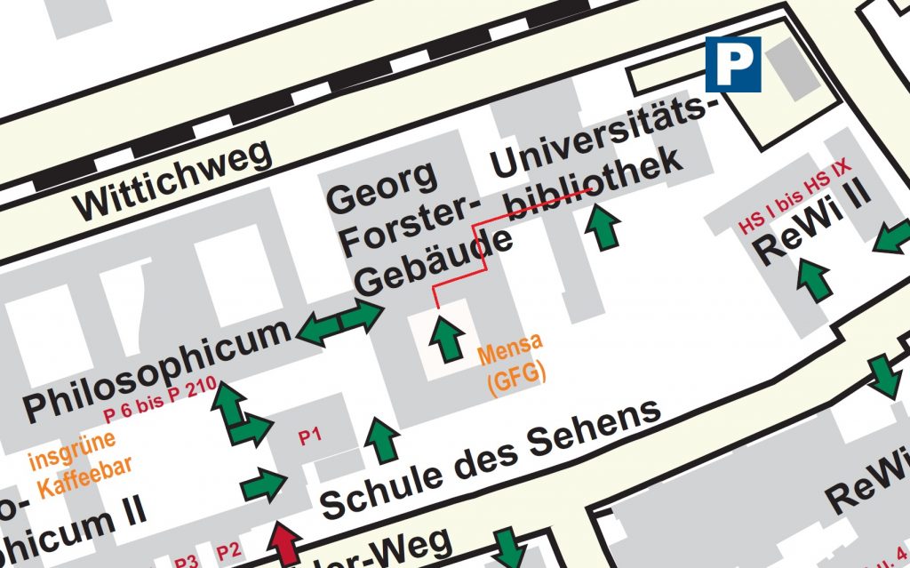 Enlarged image section of the campus map indicating the wheelchair accessible entrances to the building. Linked picture PDF is not accessible.