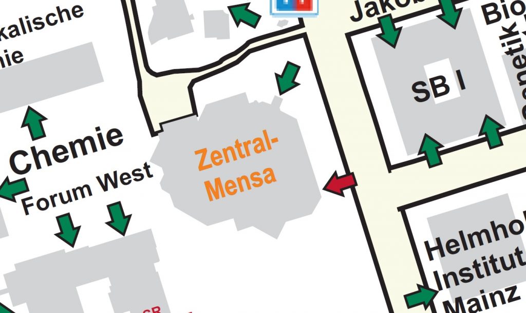 Enlarged image section of the campus map indicating the wheelchair accessible entrances to the building. Linked picture PDF is not accessible.