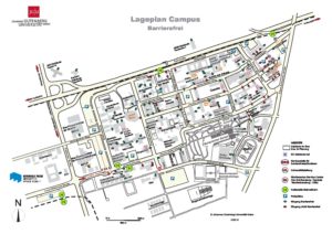 Campus map indicating the entrances to builings and their wheelchair accessibility. Linked map is not accessible.